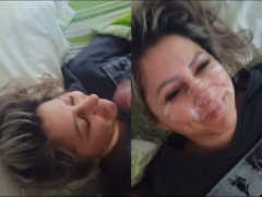 Blonde gaucho hoer neemt enorme cumshots in het gezicht