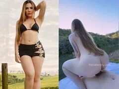 Shot van de vrouw van de countryzanger die neukt bij de rivier op de boerderij terwijl de bedrogen echtgenoot op tournee is in Brazilië