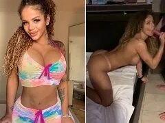 Braziliaanse brunette die aan haar melk zuigt