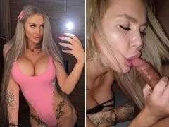 Mondige blonde Milana zuigt en geeft haar kutje op handen en voeten